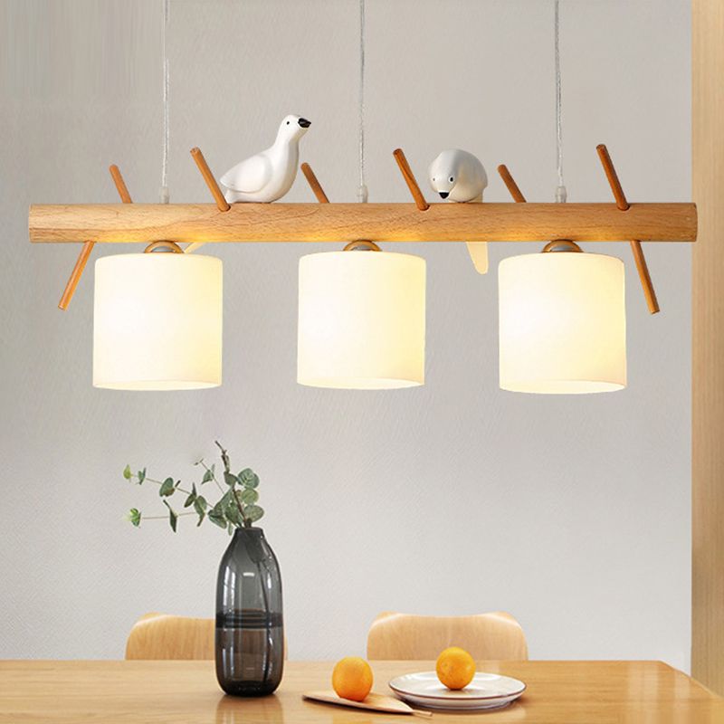 Modern Wood Pendant Light Cylinder Shape Island Light with Glass Shade for Living Room