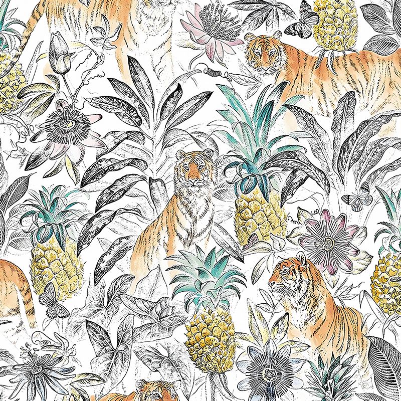 Tropical Tigers and Plant Mural for Home Decor Customized Wall Covering in White