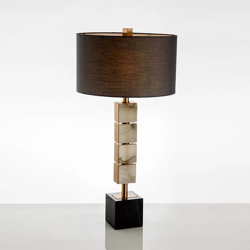 Iluminación de mesa de tela de batería Modernismo de escritorio marrón de 1 luz con base de mármol de cubo