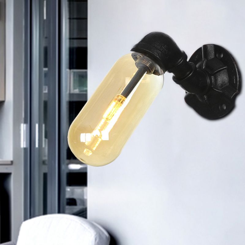 1 Glühbirnenkapsel Lampe Black Industrial Metall und Bernsteinglaswand Montiertes Licht für Innenräume mit Rohr