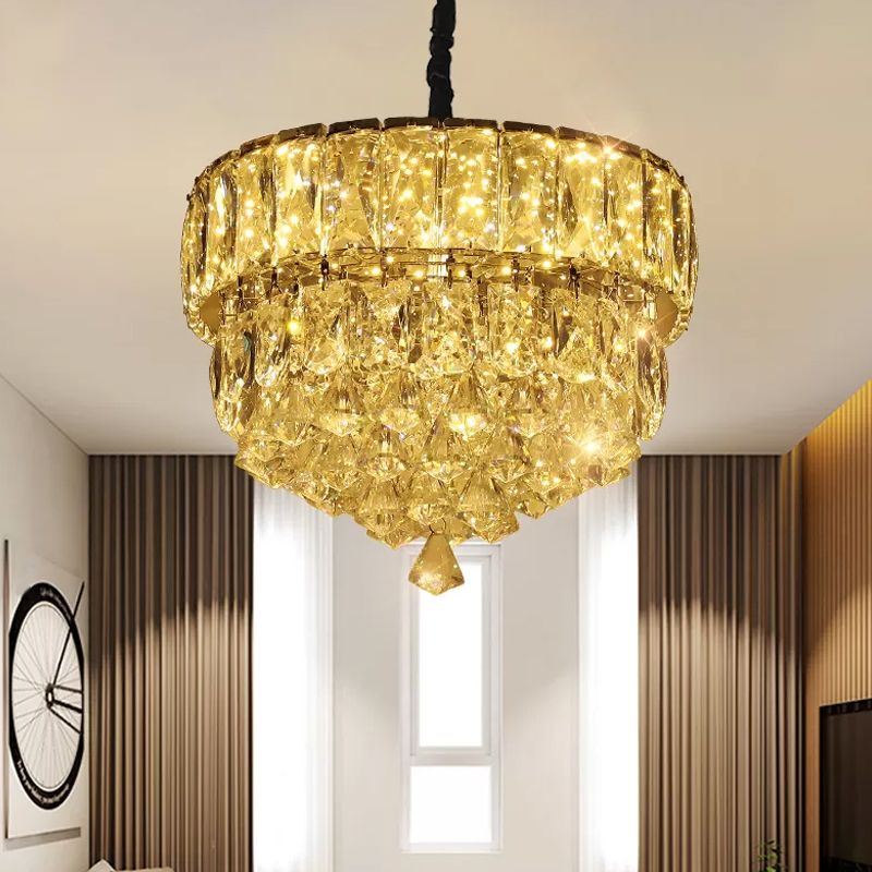 Stainless Steel Round/Square Tiers Pendant Modern Beveled Cut Crystal LED Hanging Light Fixture