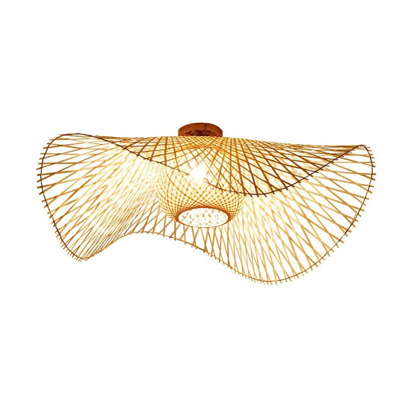 Straw Hat Flush Mount South-east Asia Bamboo Single Wood Flushmount Ceiling Light for Restaurant