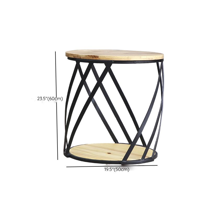 Drum End Table with Storage Solid Wood Round Top and Metal Base