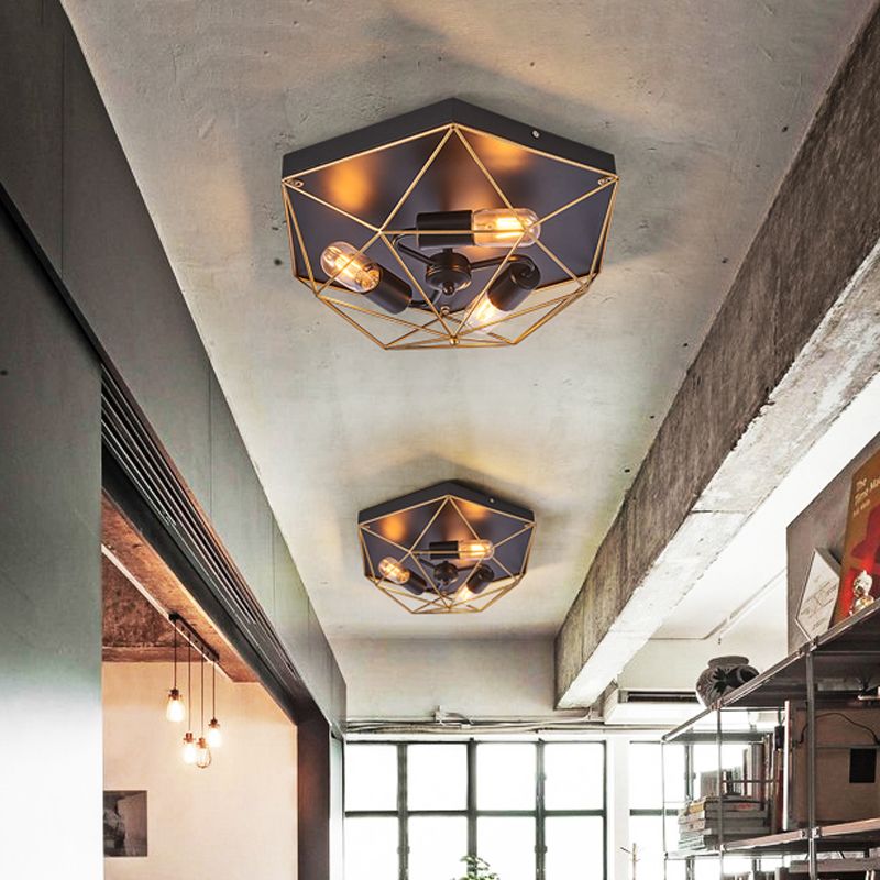 Prisma Cage Foyer Ceiling Light Traditionelle Stil Metall 3 Köpfe Schwarz Bündig Montierte Beleuchtung Halterung