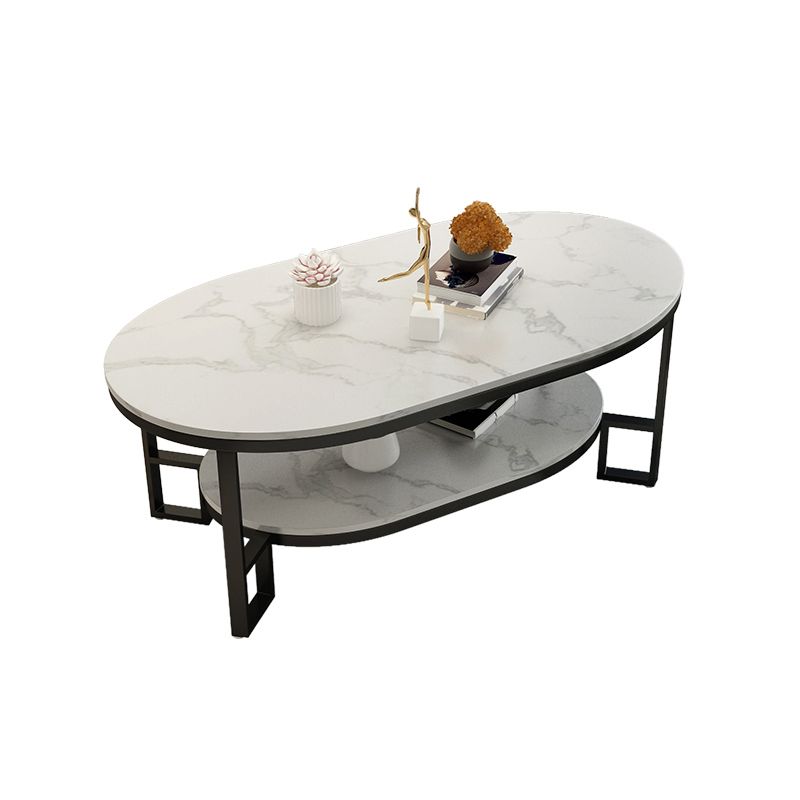 Oval Slate Top Coffee Table Iron 4 Legs Cocktail Table with Shelf