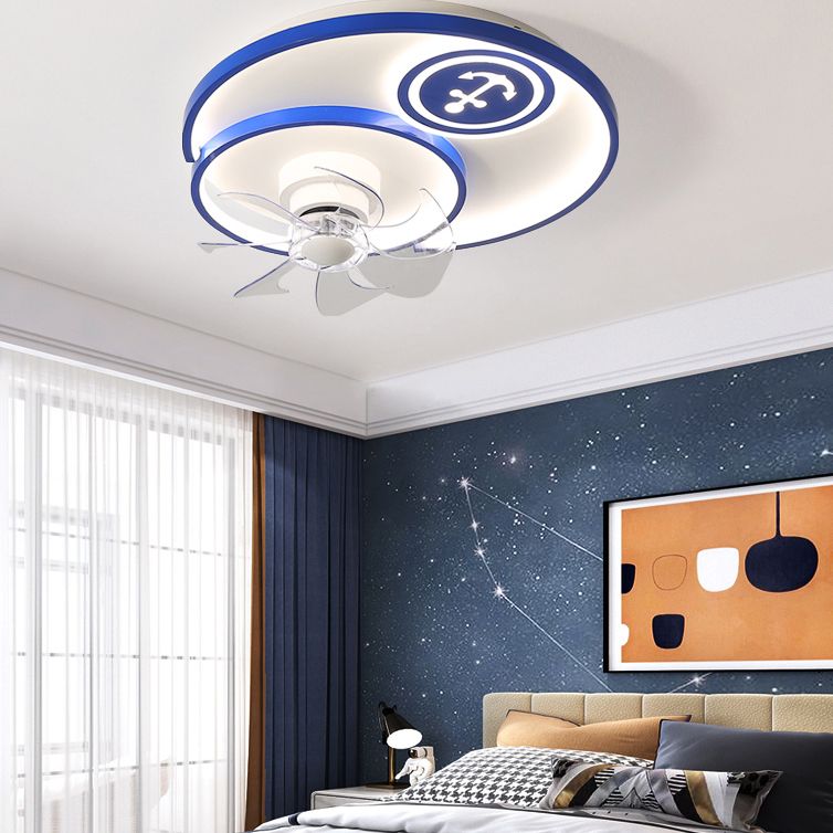 Cartoon Disc Shaped Flush Mount Fan Lamp Metal Boys Room LED Semi Flush Light