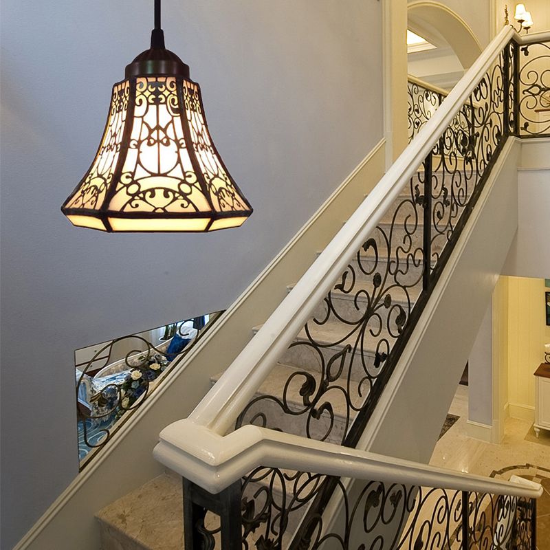 Tiffany Bell Down Mini Pendant 1 Light Beige Stained Glass Ceiling Suspension Lamp for Stair