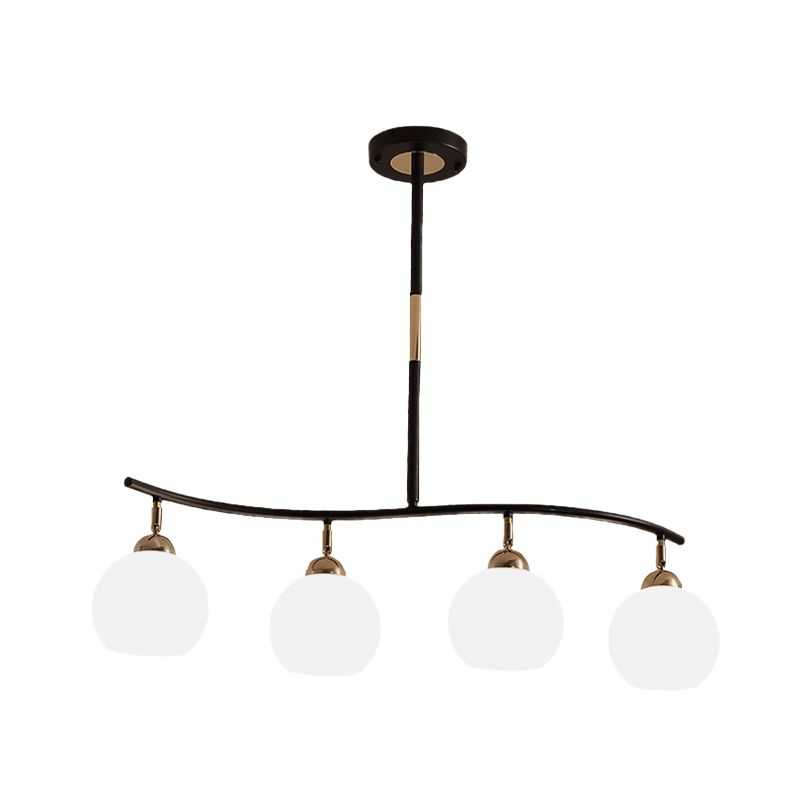 Waving Linear Chandelier Modern Metal 4-Head Black Hanging Light Fixture with Sphere Opal Glass Shade