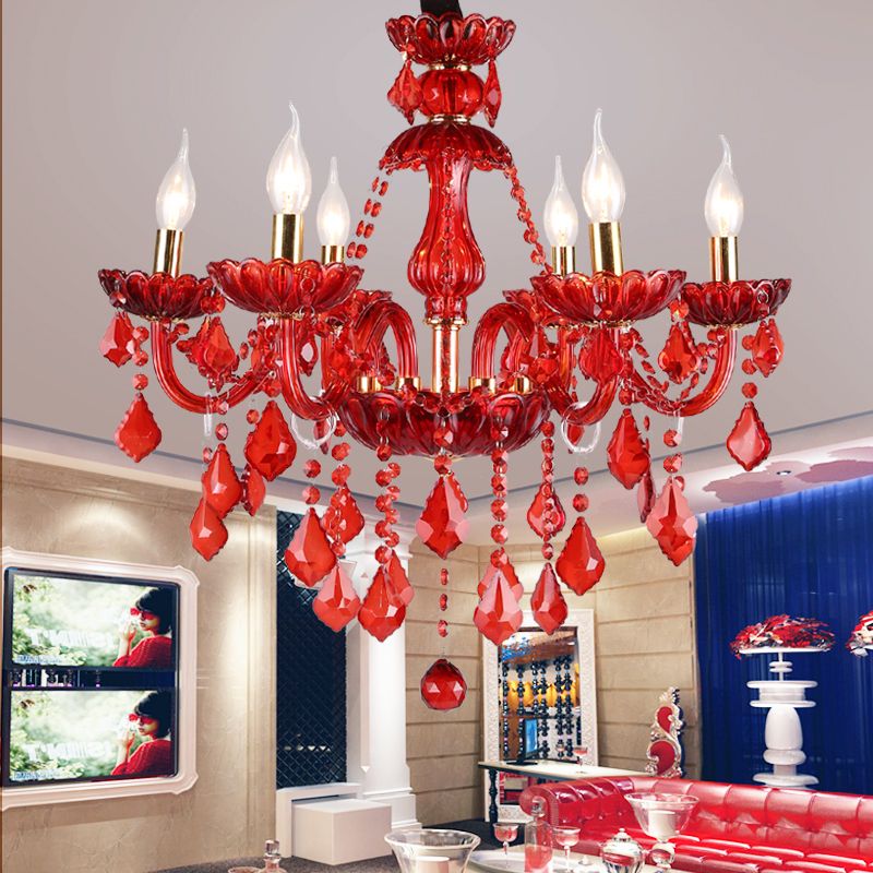 Crystal Candle/Bell Chandelier Lighting Modern 6/18 Lights Red Hanging Pendant with Shade/Shadeless, 23.5"/37.5" Wide