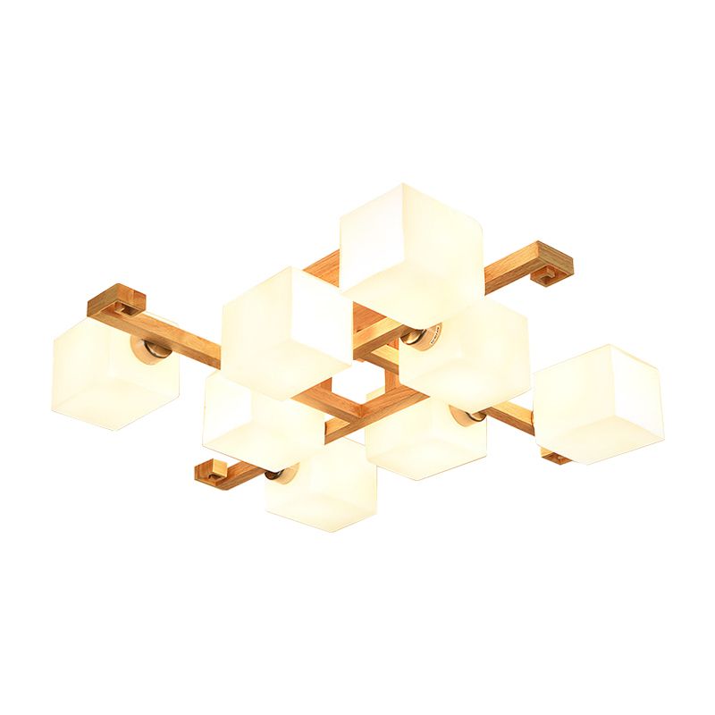 Cube Shade Living Room Ceiling Lamp Opal Glass & Wood Modern LED Flush Ceiling Light in Beige