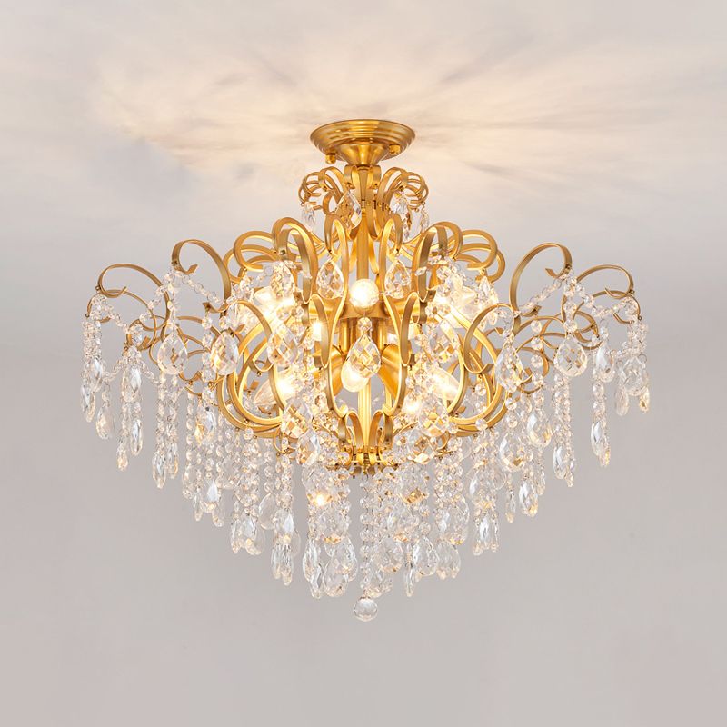 Classic Scrolled Arm Semi Flush Light Metal Ceiling Lighting in Brass with Crystal Draping