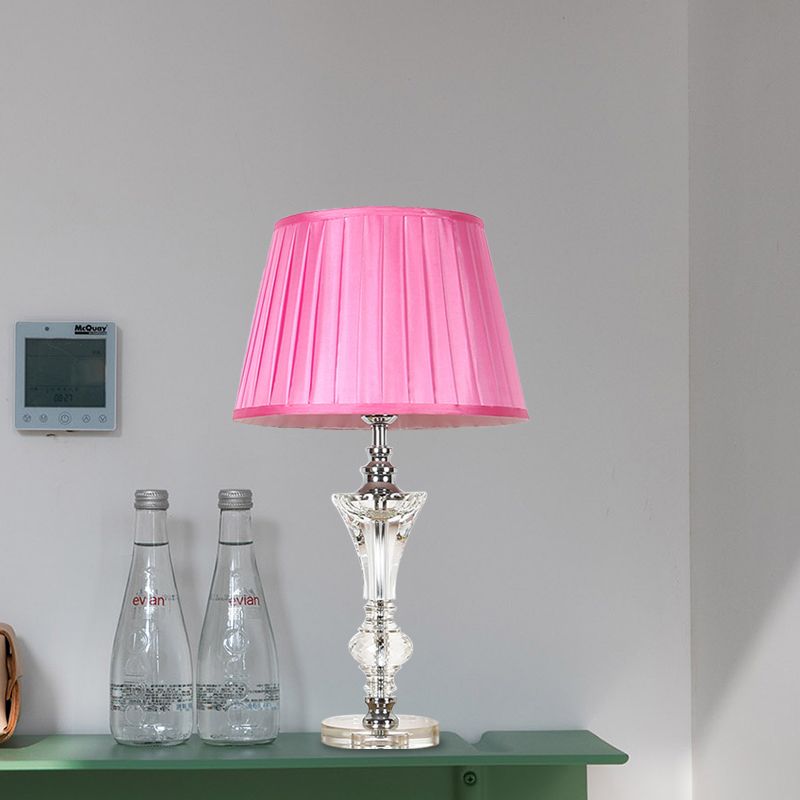 Single Head Table Light Countryside Conical Fabric Night Lamp in Pink/Blue/Beige with Clear Crystal Base