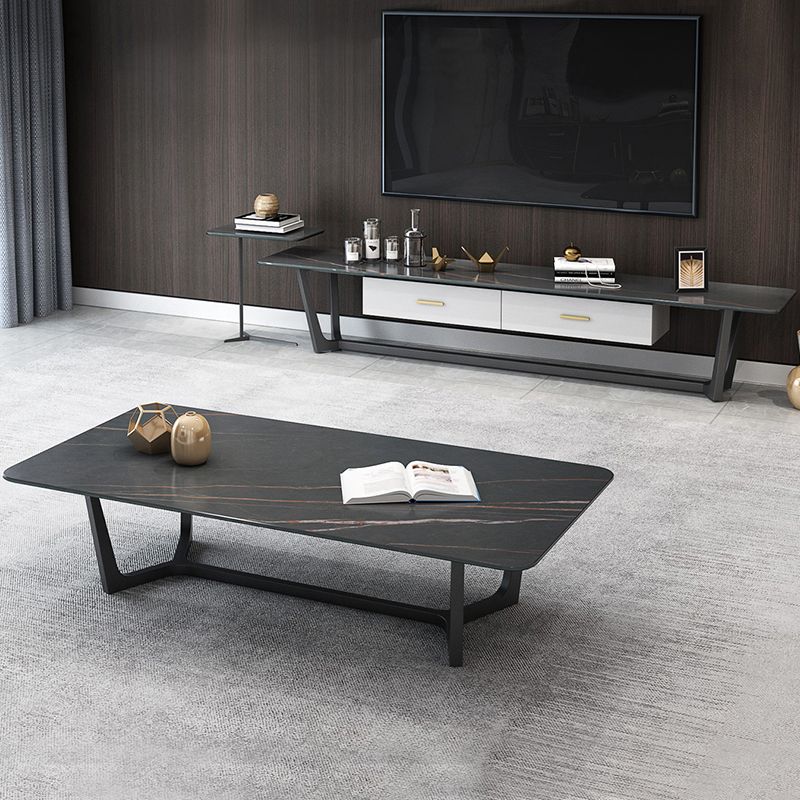 Modern Style Rectangular Slate Table with Metal Trestle Type Base Coffee Table