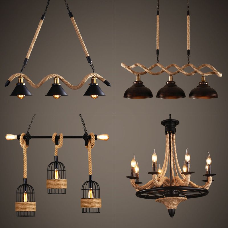 Beige Geometry Hanging Island Light Farmhouse Metal 3 Heads Dining Room Rope Pendant Lamp