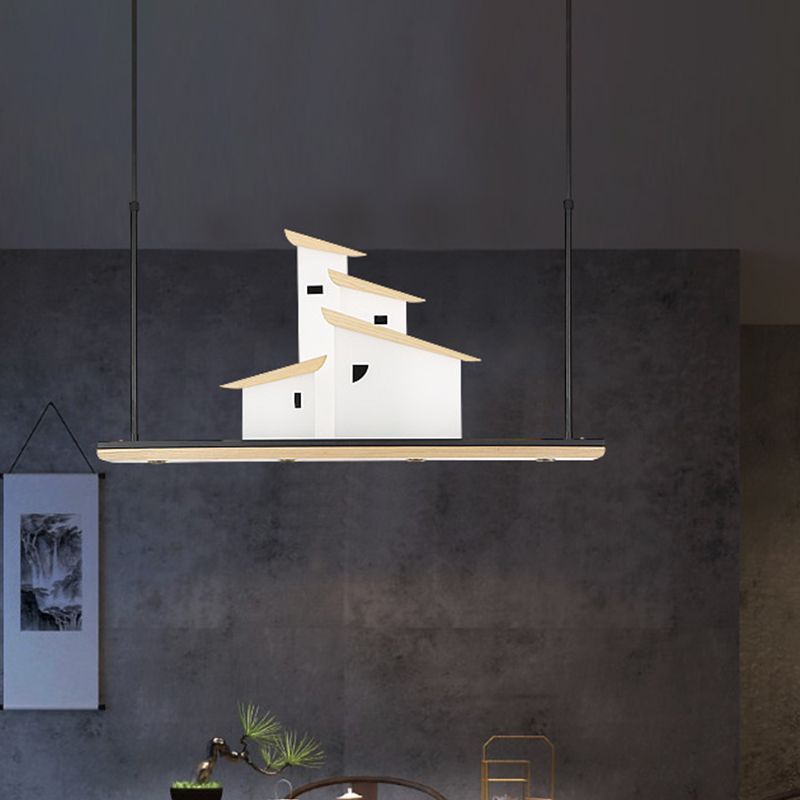 Art Deco House Island Pendant LED Metal Ceiling Light in White with Wood Bracket, Warm/White Light