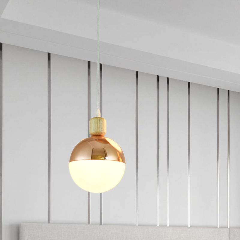 Modern Sphere Hanging Light Fixture Opal Glass 1 Head Bedside Ceiling Pendant Lamp in Gold