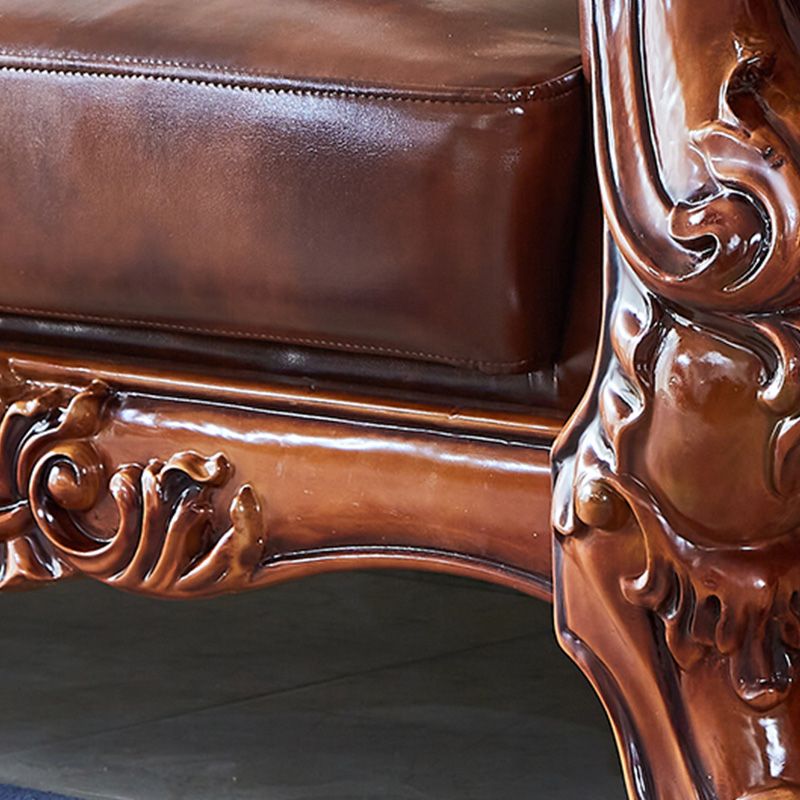 Tufted Split-Back Sofa Genuine Leather Rolled Arm Sofa in Brown