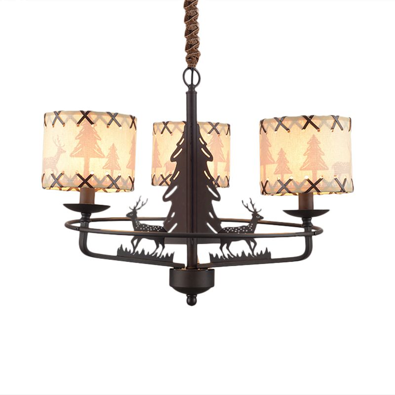 BEIGE Drum Lampella lampada tradizionale tessuto tradizionale 3 luci camera da letto appeso con design animale