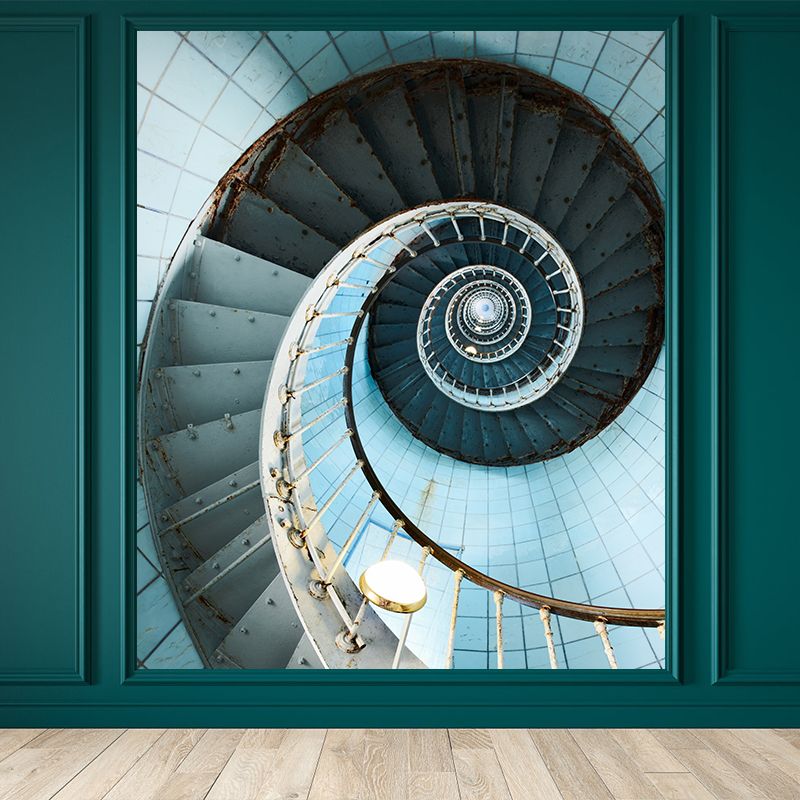 Blue Spiral Stairs Wallpaper Mural Looking-Up View Modern Stain-Proof Wall Art for Bedroom