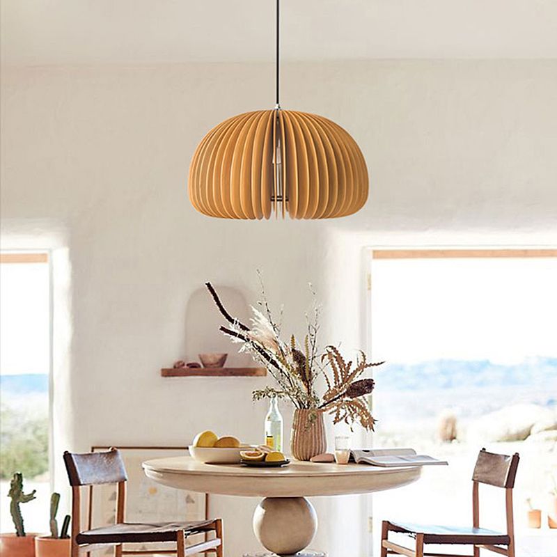 Pumpkin Shaped Wooden Hanging Lamp Modern 1-Light Suspension Light Fixture