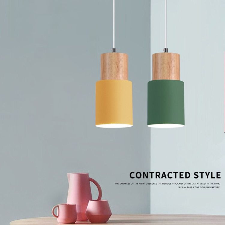 Makkaron -einzelne Anhänger Licht im modernen präzisen Stil Holzzylindroid -Hängelampe mit Eisenschatten