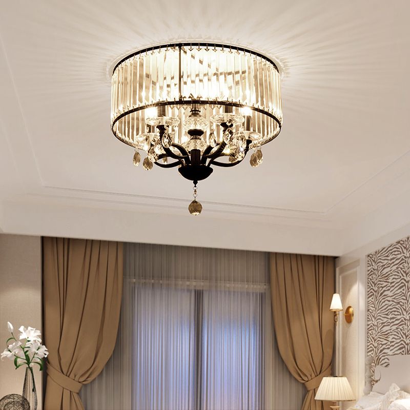 Round Crystal Block Semi-Flush Light Fixture Contemporary 4 Heads Black Ceiling Lamp in White Light