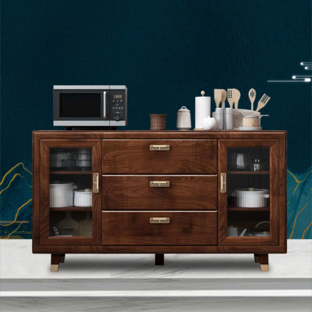 Modern Rubberwood Solid Wood Sideboard 34.5" H Brown Credenza for Dining Room