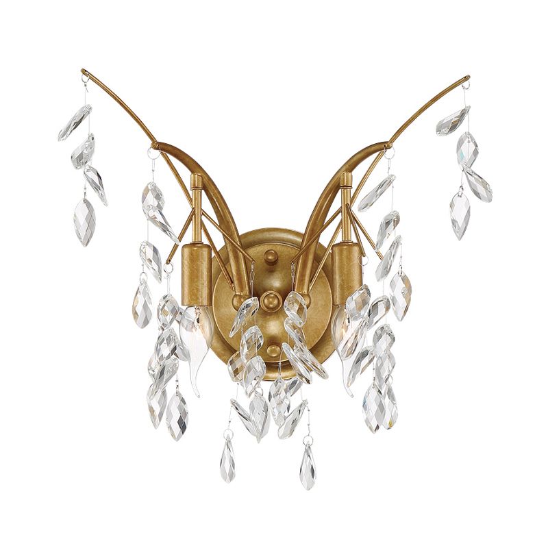 Branch Metal Wall Mount Light Modern 2 Lights Gold Wall Sconce Light with Faceted Crystal Drop