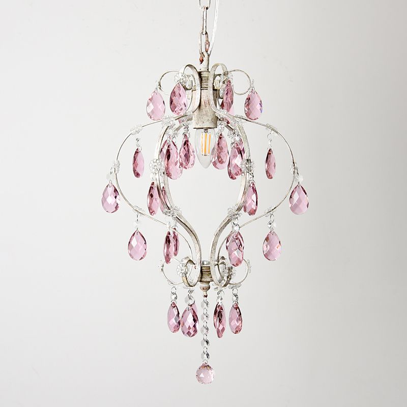 Lantern Ceiling Pendant Light Classic Metal 1-Head Suspension Lamp in Distressed White with Crystal Accents