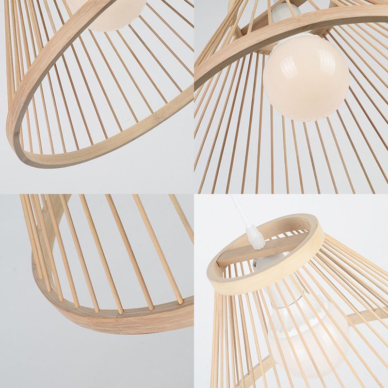 Bamboo Conical Shade Pendant Light Fixture Modern Style 1 Bulb Beige Suspension Lamp for Living Room
