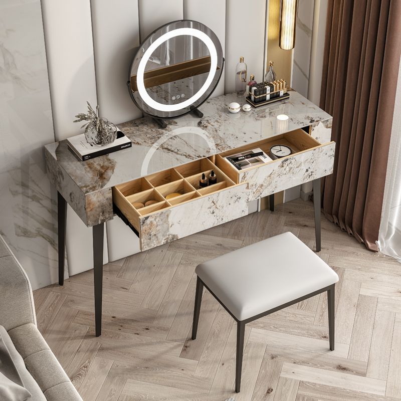 Stone Top Dressing Table Stool Set Black Vanity with Wood Drawers