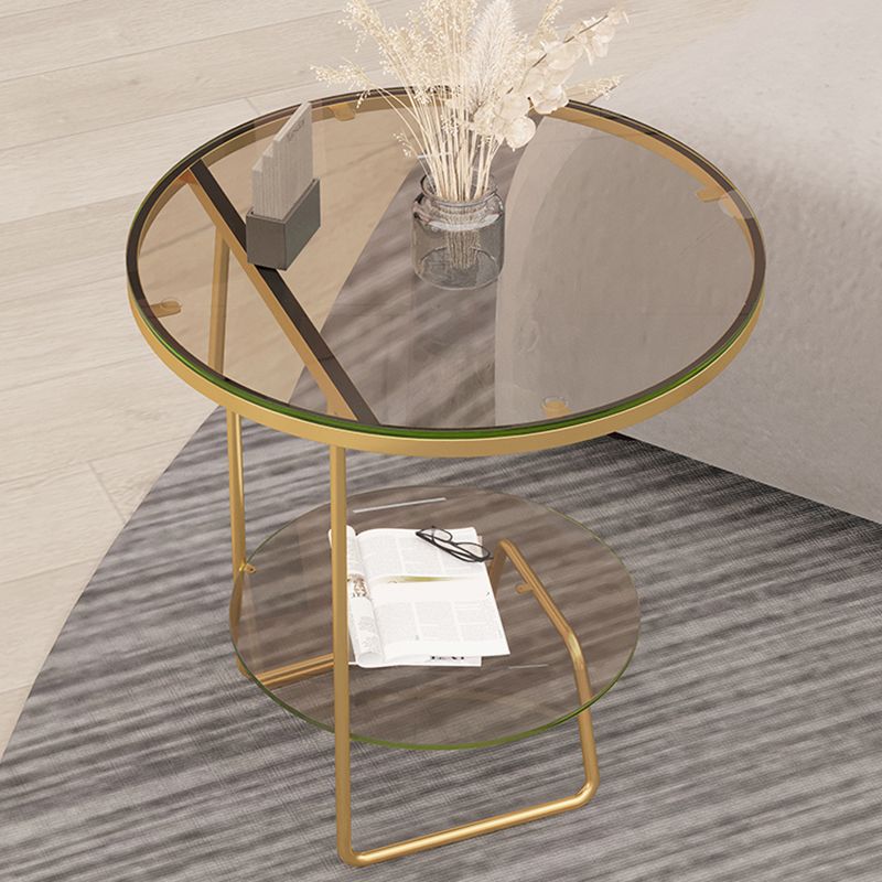 Round Glass & Stone Top Sofa Side Accent Table Frame Shelf Included End Table - Dia 19.69"
