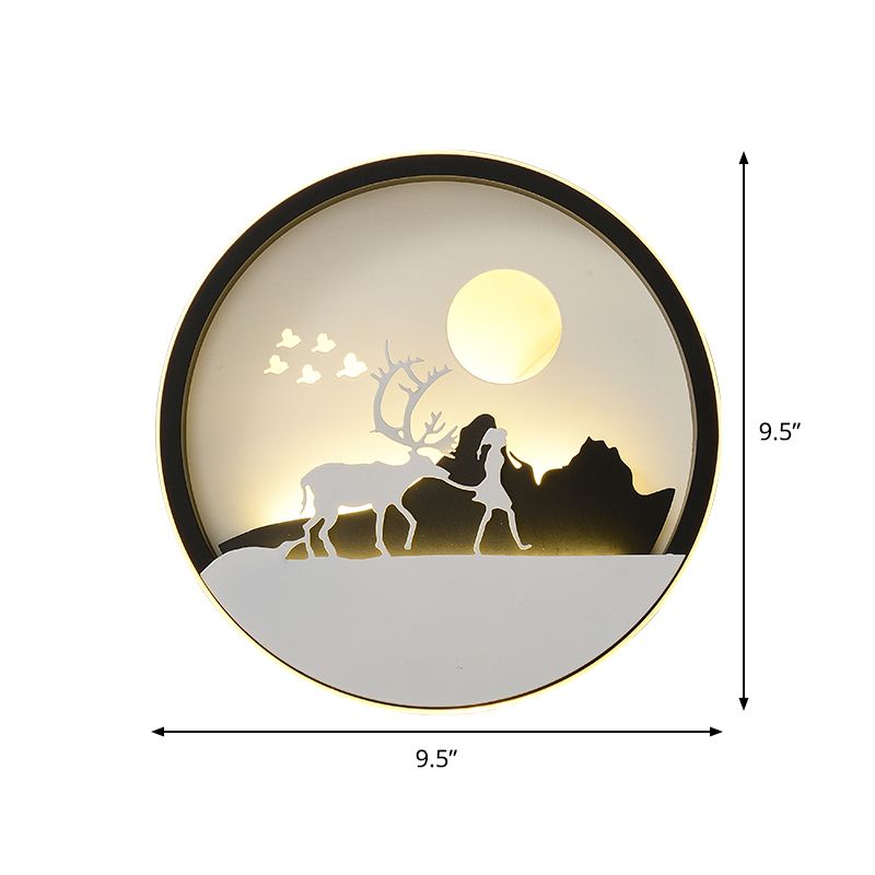 Metal Round Wall Lighting Idea Modernist LED Black Wall Lamp Sconce with Deer and Girl/Eagle/Windmill Design