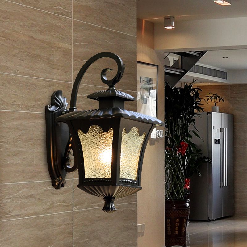 1-Head Tetragonal Lotus Wall Sconce Lodges Black Aluminum Wall Lighting with Water Glass Shade