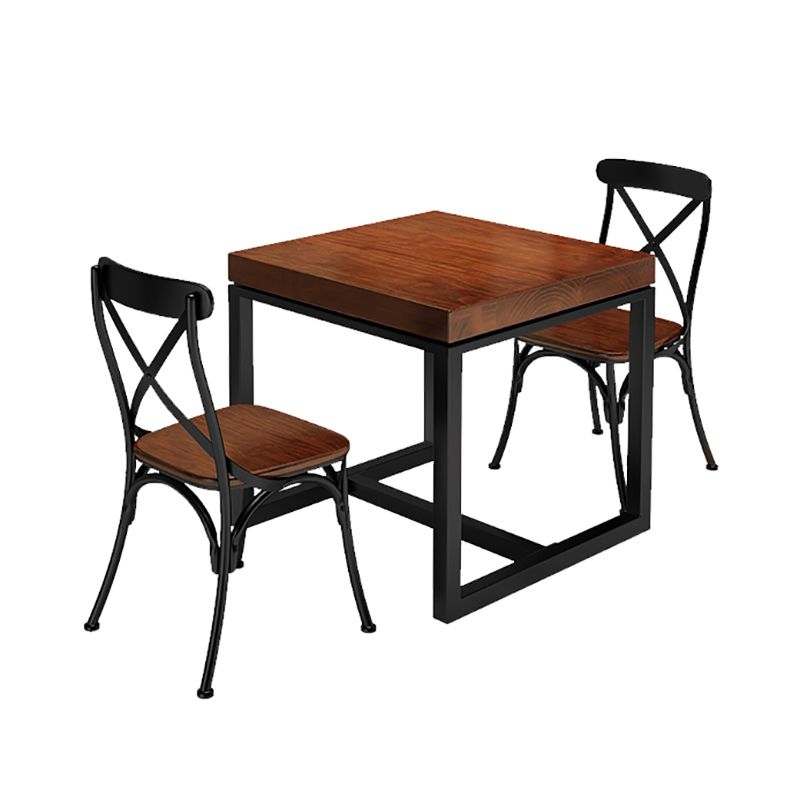 Solid Wood Top Dining Table Industrial Square Black Iron Trestle Base Table