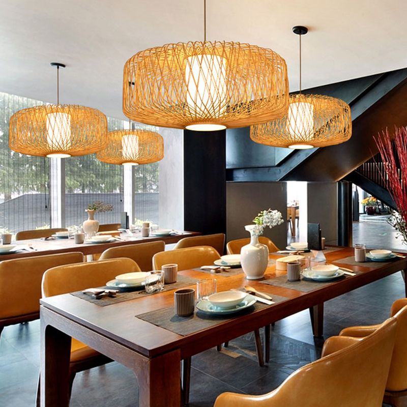 Cylinder Suspension Pendant Contemporary Bamboo 1 Bulb Black/Wood Hanging Light Kit, 16"/23.5" Wide