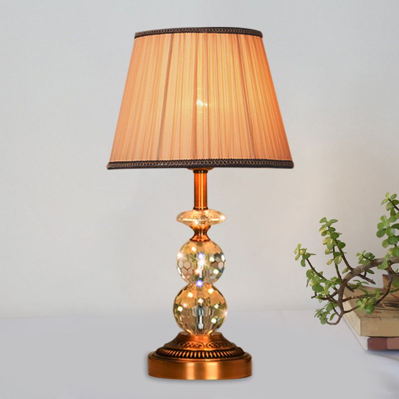 1 Bulb Pleated Fabric Night Stand Lamp Traditional Pink and White/Pink/Coffee Cylinder/Tapered Parlor Table Light with Faceted Crystal Orbs