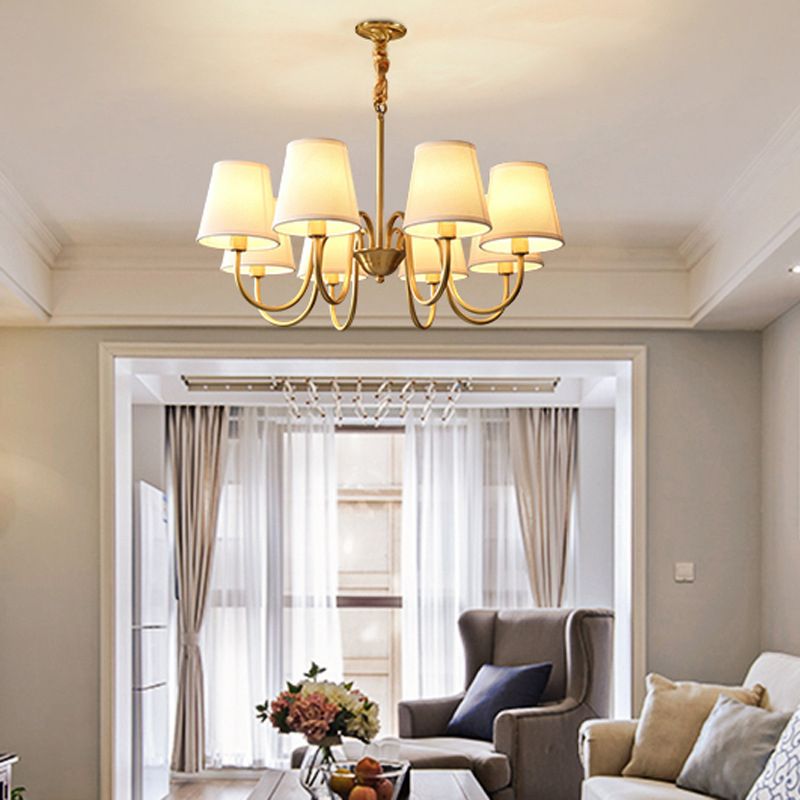 Brass Barrel Chandelier Light American Style Multi-Head Suspension Lamp with Fabric Shade