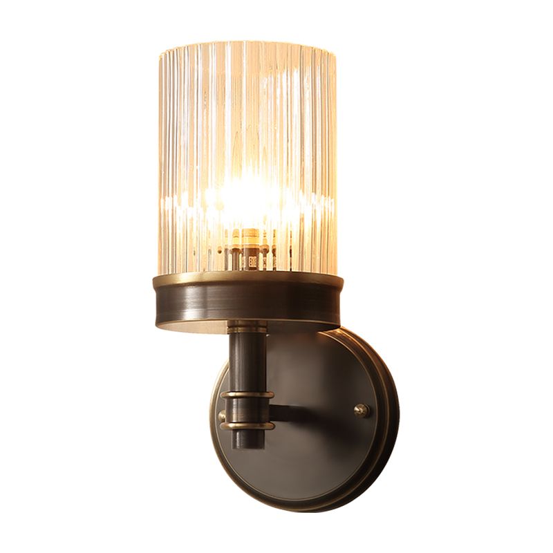 1-Bulb Clear Glass Wall Sconce Lighting Antiqued Style Black Cylindrical Shade Bedroom Wall Light Fixture