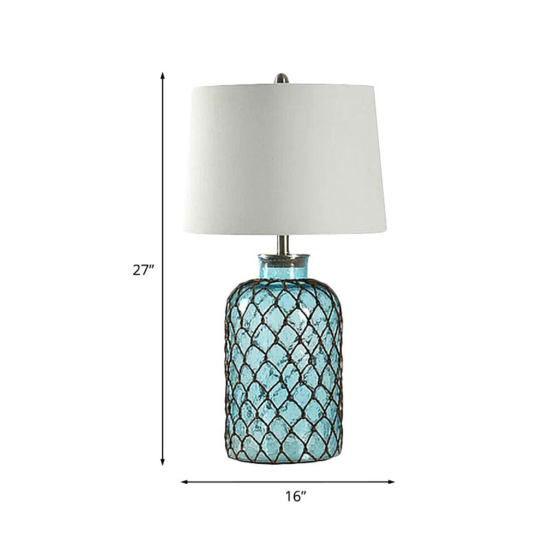 Jar Blue Glass Table Stand Lamp Vintage Single Living Room Night Light with Trellis Net and White Shade