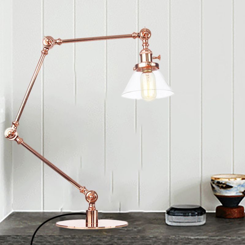 Table conique de style industriel clair Ambre / verre transparent et métal 1 lampe de table de chambre à coucher légère avec bras réglable en noir / laiton