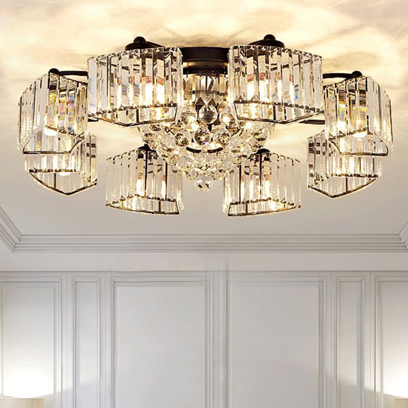 Circular Bedroom Ceiling Lamp Prismatic Crystal Minimalist Semi Mount Lighting in Black