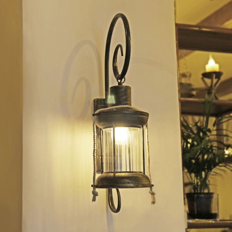 Metal Antique Bronze Wall Mount Lamp Lantern 1 Light Vintage Wall Lighting with Curvy Arm