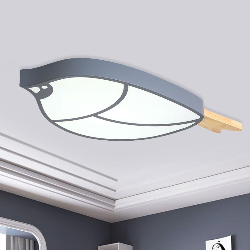 Plafoniera da incasso a forma di uccello grigio Cartoon LED da incasso in acrilico con montaggio a incasso con dettagli in legno