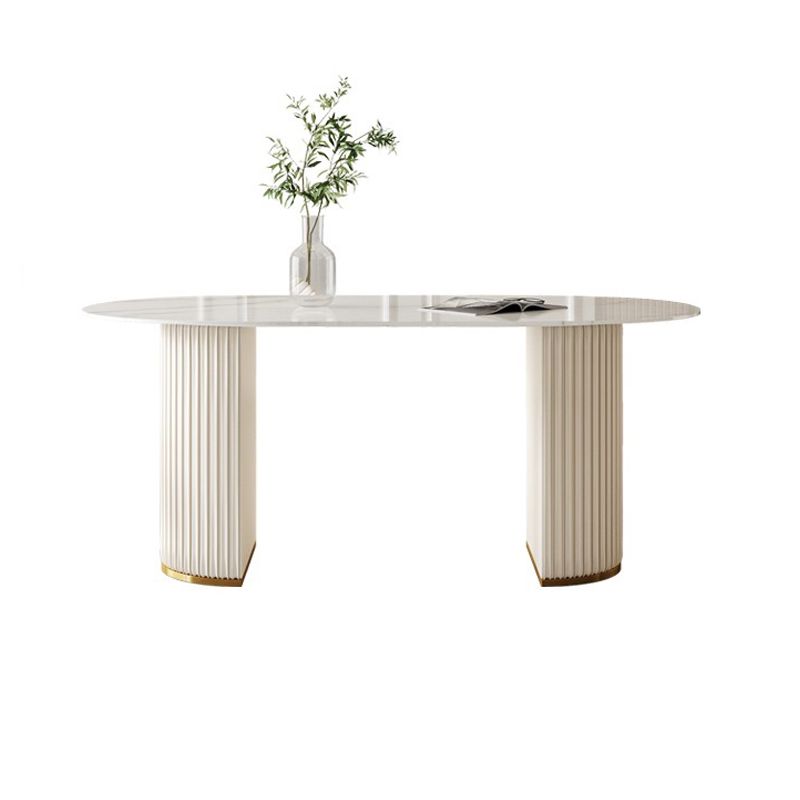Linen White Finish Modern Oval Stone Top Dining Table with Double Pedestal Base