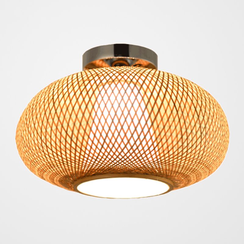 Round Ceiling Mount Light Fixture Asia Bamboo Beige Semi Flush Light