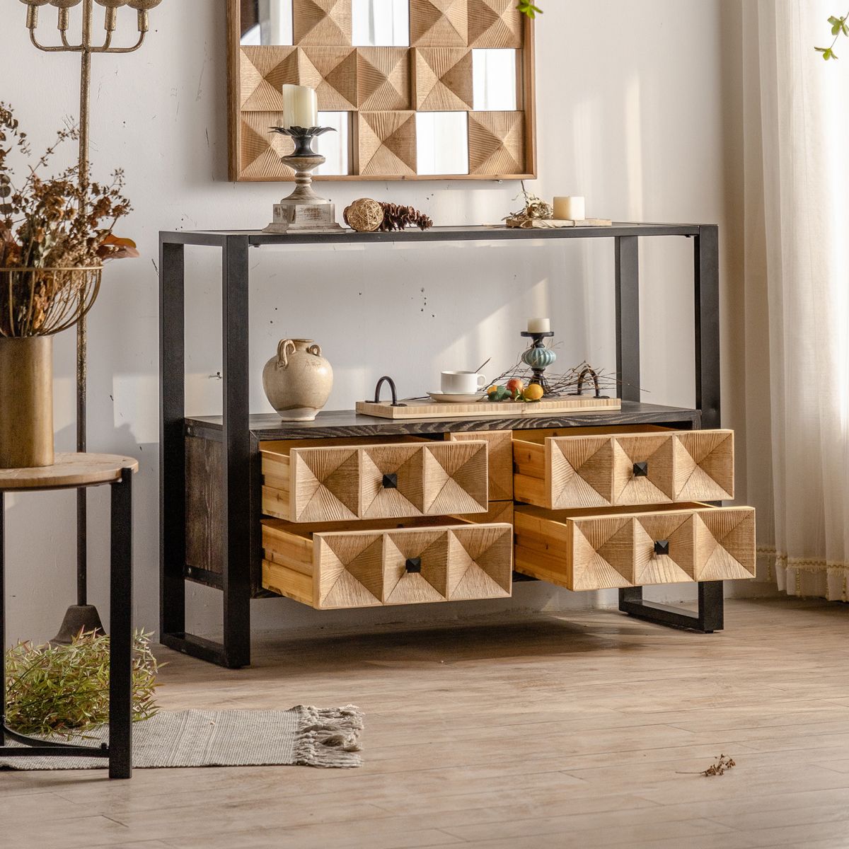 Contemporary Brown Buffet Sideboard Solid Wood Buffet Table with Drawers