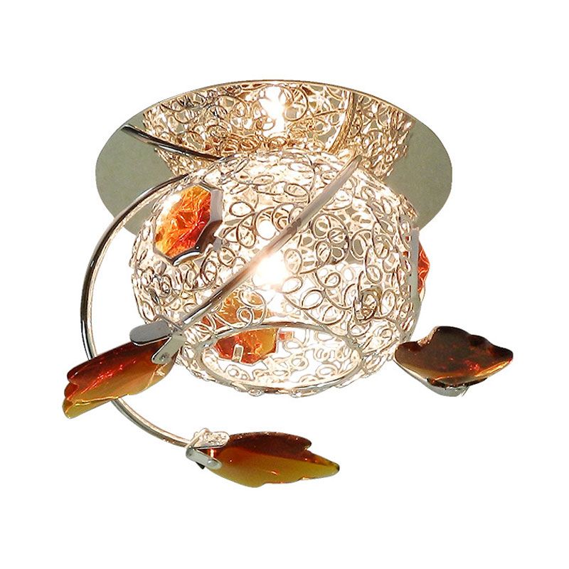 Leaf Corridor Flushmount Light Modernism Faceted Tan Crystal 1 Light Lighting Fixture with Globe Cage Shade