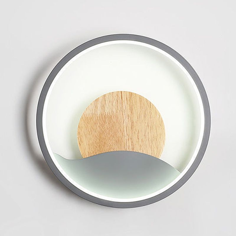 Iron and Wood Modern Wall Mount Round LED in White / Grey Wall Light