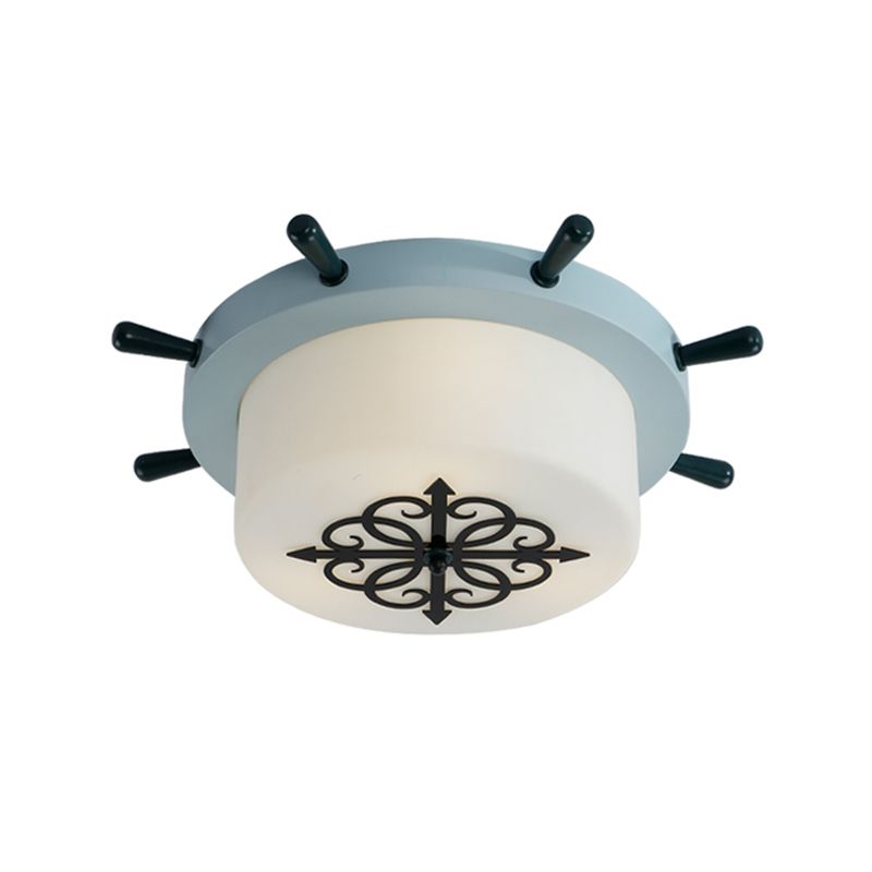 White Glass Drum Flush Ceiling Light Kids LED Flush Mount Fixture with Rudder Blue/Brown Canopy
